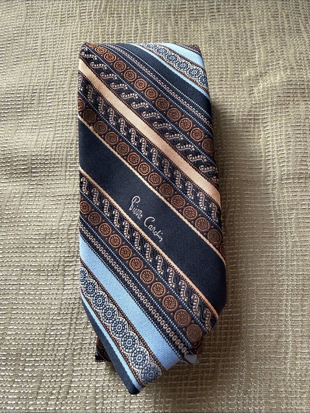 Pierre Cardin Navy, Light Blue & Tan Patterned Silk Tie